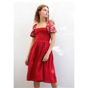 Anthropologie Mersea Linen Dress Embroidered Puff Sleeve boho chic Red Size XL